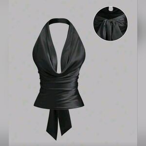 Sweetra Women's Solid Color Plunging Neckline Bow Tie Satin Camisole